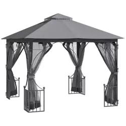 Outsunny 10' x 10' Patio Gazebo Canopy Outdoor Pavilion with Mesh Netting SideWalls, 2-Tier Polyester Roof, & Steel Frame, Dark Grey