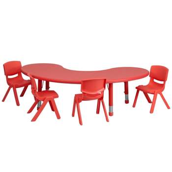Emma and Oliver 35"W x 65"L Half-Moon Plastic Height Adjustable Activity Table Set with 4 Chairs