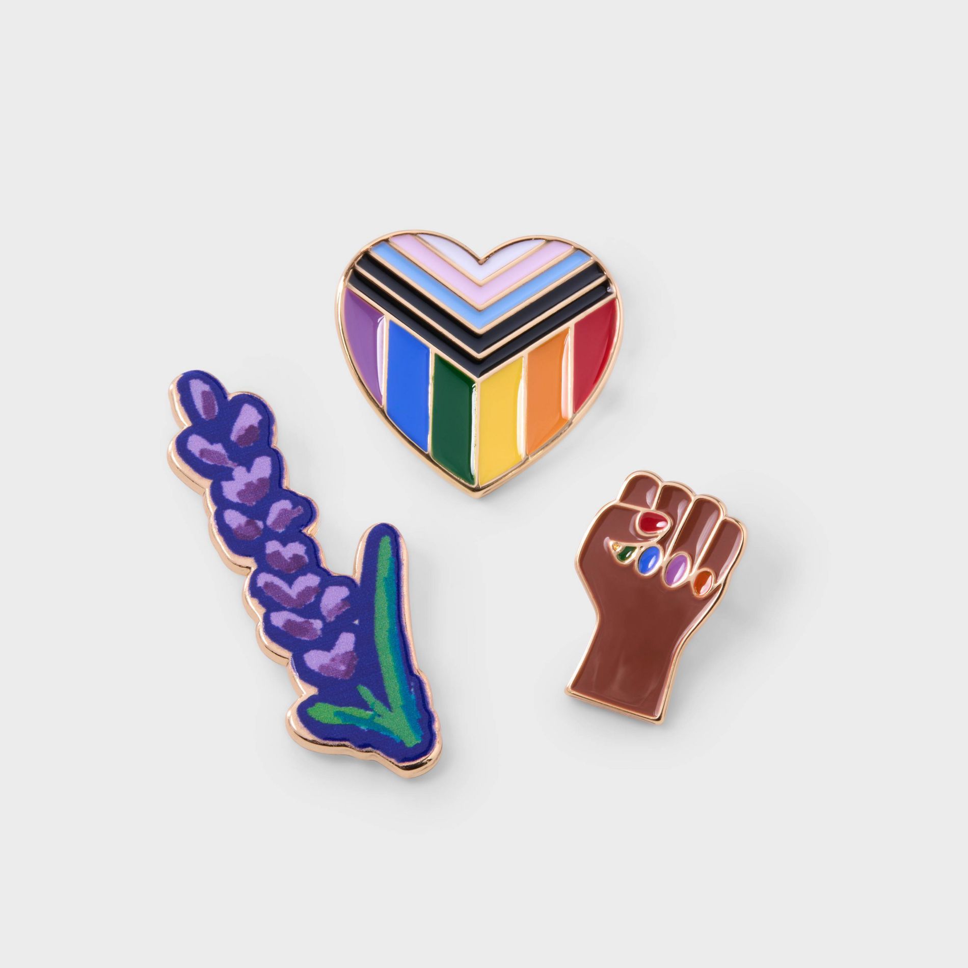 Pride Enamel Pins 3pk Lavender/Rainbow Nails/Pride Heart