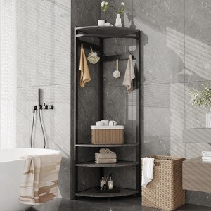 3-in-1 Corner Coat Rack with Shoe Bench, 3 Shelves & 6 Double Hooks, Marble White & Gold, 70.8" Tall Entryway Hall Tree Organizer - 1 of 4