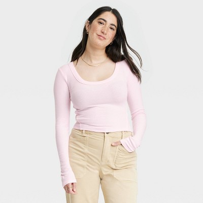 Women's Long Sleeve Ribbed Scoop Neck T-Shirt - Universal Thread™ Pink S