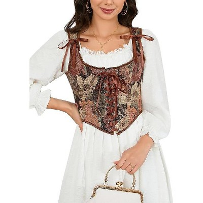 Acekool Women’s Vintage Floral Corset Lace-Up Vest, Vintage Pirate-Inspired Bustier with Embroidered Print