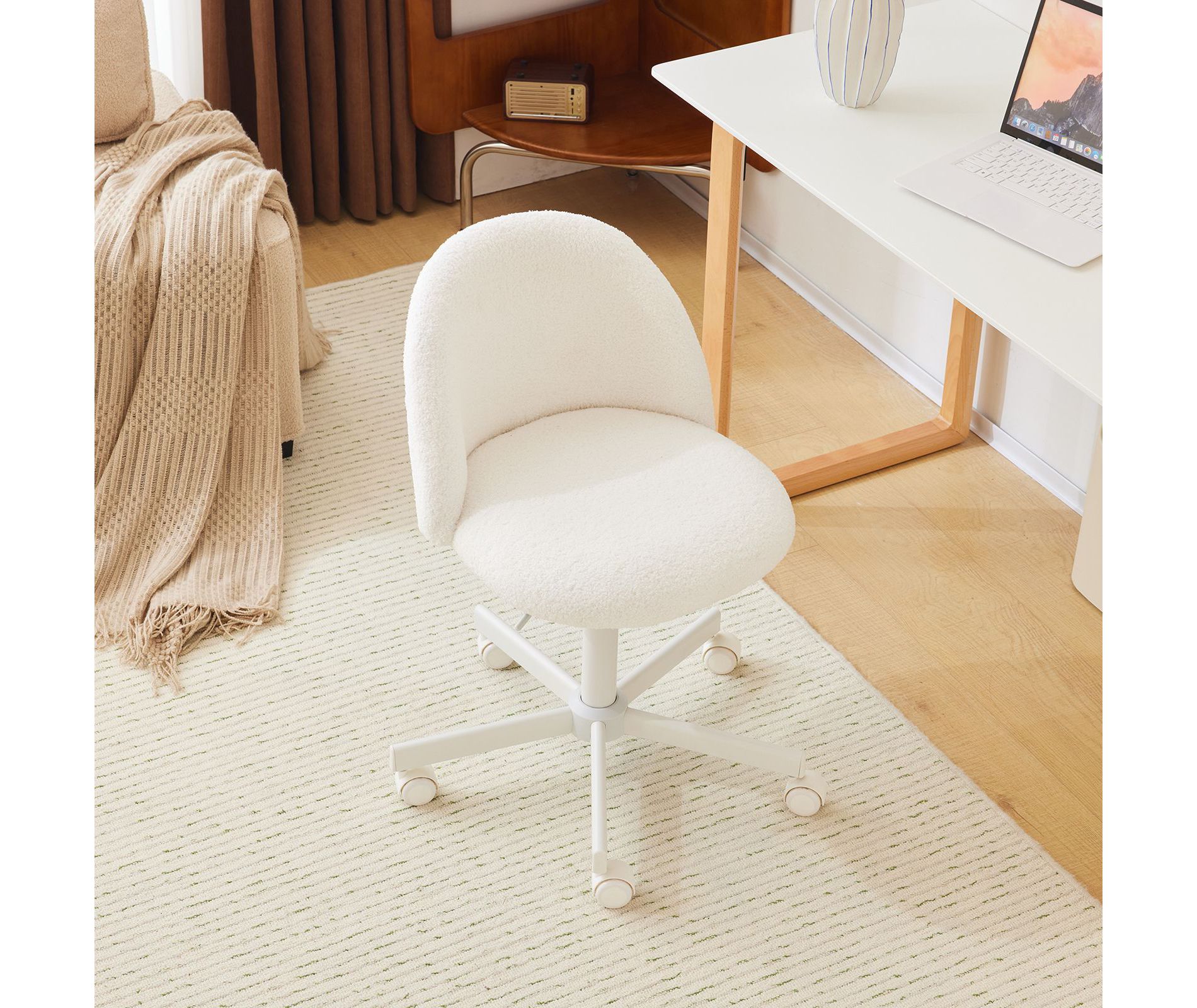 Karl Home | Teddy Fleece Home Office Chair Small Vanity Chair for Girls Desk Ergonomic Rolling Swivel Computer Chair with Back