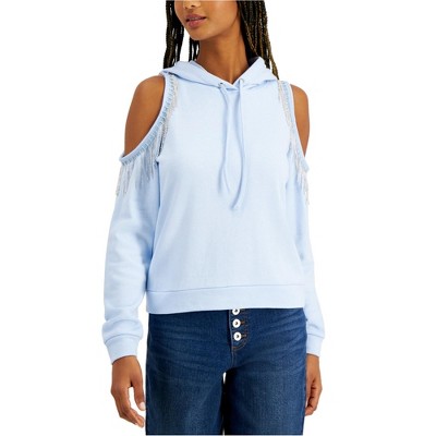 I.N.C International Concepts Womens Fringe Hoodie Sweatshirt, Blue, Large