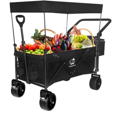 VisioGear Collapsible Wagon with Removable Canopy, Folding Wagon Cart with Cooler Bag, for Camping Beach Shopping, Black, 45"*20"*47"
