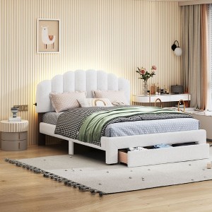 Sapphtopaz Bed Frame with Teddy Vertical Stripes LED Headboard Upholstered Platform Bed for Bedroom, Apartment - 1 of 4
