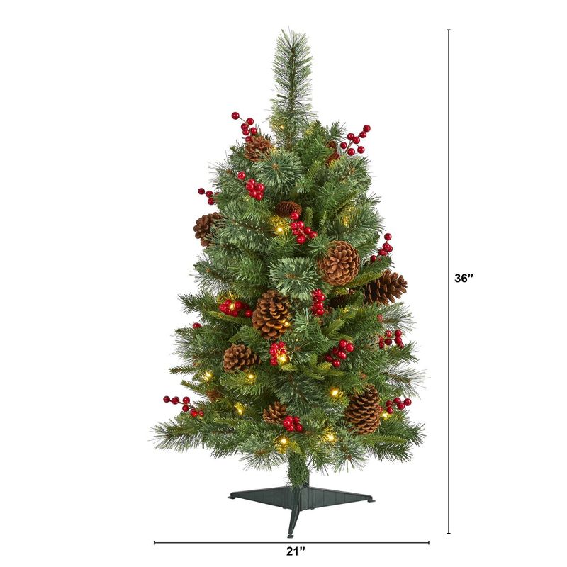 3ft Nearly Natural Pre-Lit LED Norway Mixed Pine with Pinecones and Berries Artificial Christmas Tree Clear Lights, 3 of 10
