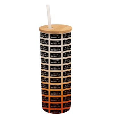 Elanze Designs Happy Birthday Banner Stamp Wrap-Around Design 25 Ounce Frosted Gradient Glass On-The-Go Coffee Travel Skinny Tumbler Mug Cup, Bamboo