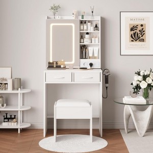 Dressing Table with Stool, Makeup Vanity Desk Set with Mirror, Lights, Charging Station, 2 Drawers, Power Outlets, USB Ports and RGB Cabinets - 1 of 4