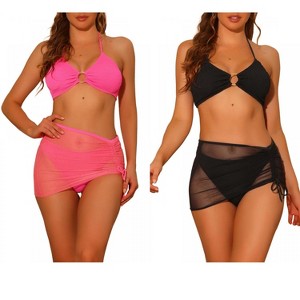 Elerevyo Women's Halter Ring Textured Solid Color Cover Up Mesh Skirt Bikini Bathing Suits 2 Sets - 1 of 4