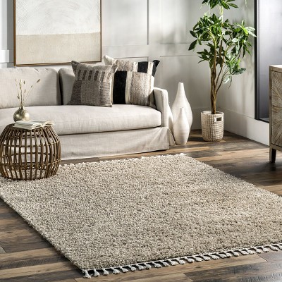 Braided Beige Rectangular Shag Area Rug with Tassels
