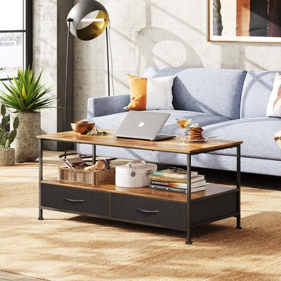 39" Coffee Table with Storage & Drawers, 2-Tier Wood Center Table for Living Room, Apartment, Bedroom, Metal Table Legs, Rustic Brown