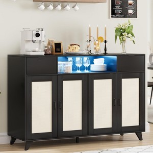 Rattan Sideboard Buffet Cabinet - with 4 Doors and 2 Drawers, Console Table Coffee Bar With Power Outlet, Adjustable Shelves for Kitchen, Dining Room - 1 of 4