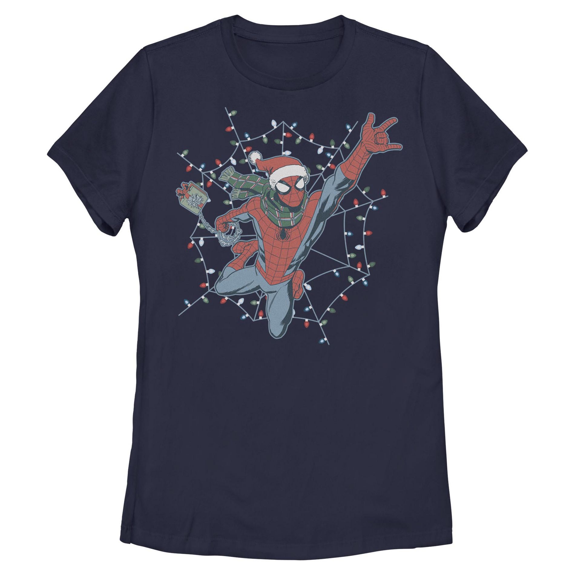 Womens Marvel Christmas Lights Web Swing T Shirt - Navy Blue - 2X Large