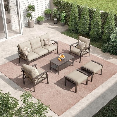 Heynemo Outdoor Patio Furniture Set, 6 Piece Patio Conversation Set with Coffee Table and Ottomans, Metal Furniture Set for Porch Backyard, Coffee