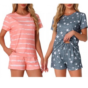 INSPIRE CHIC Women's 2Pcs Pajama Set Round Neck Short Sleeve Top and Drawstring Shorts Loungewear Set - 1 of 4