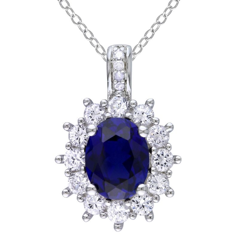 0.02 CT. T.W. Diamond And Sapphire Silver Pendant Necklace - White, 1 of 4