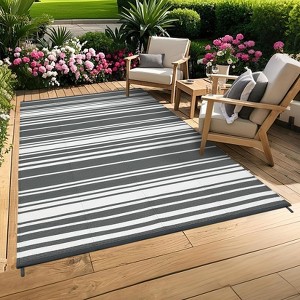 Reversible Outdoor Patio Rug - Waterproof Plastic Straw Mat, Striped Camping Rug for Front Porch, Deck, Backyard, RV, Picnic, Beach - 1 of 4