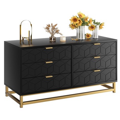 6 Drawer Dresser with Wide Storage, Wood Chest Organizer with Metal Legs, Modern Dresser for Bedroom, Living Room