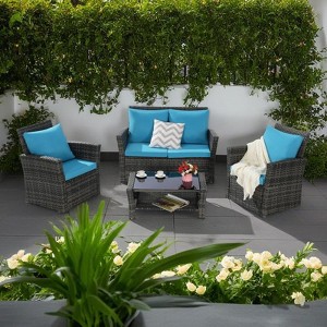 4-Piece Outdoor Patio Rattan Conversation Sofa Set with Tempered Glass Coffee Table - 1 of 4