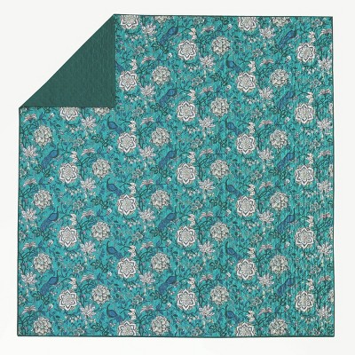 Turquoise Floral and Peacock King Microfiber Quilt Set