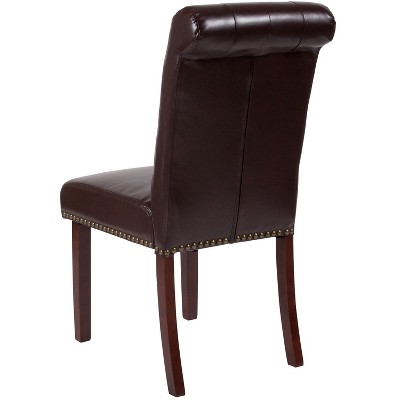 Brown Leather Parsons Side Chair with Walnut Finish