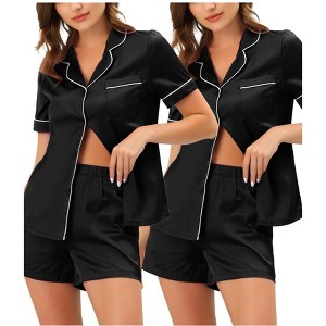 cheibear Women's 2 Packs Satin Button Down Sleepwear Shirt with Shorts Pajama Sets - 1 of 3