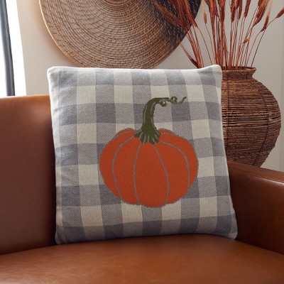 Grey and Orange Checkered Fall Pumpkin Pillow 21" x 21"