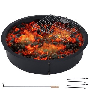 Fire Pit Ring Insert , Outdoor Fire Pit Liner Round Solid Steel Fire Ring with Cooking Grate, Heavy Duty Metal Steel Firepit Rings for Wood - 1 of 4