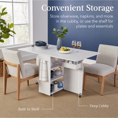 White Multipurpose Folding Table with Wheels and Storage Shelves