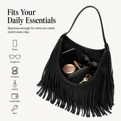 Alilang Women's Fringe Shoulder Bag Beige Suede Look Boho Hobo Purse with Long Strap - Light Beige — фото 3