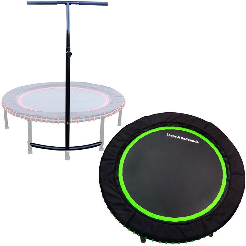 LEAPS & REBOUNDS 48" Adjustable Stability Bar Attachment with 48" Mini Fitness Trampoline and Home Gym Rebounder for Cardio Exercises, Green, 1 of 7
