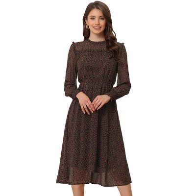 Allegra K Women's Floral Casual Long Sleeve High Waist Ruffle Trim Midi Dresses