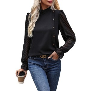 Coolmee Women's Business Casual Tops Sheer Lace Long Sleeve Blouses Work Office Pleated Shirt Fall Formal Outfits - 1 of 4