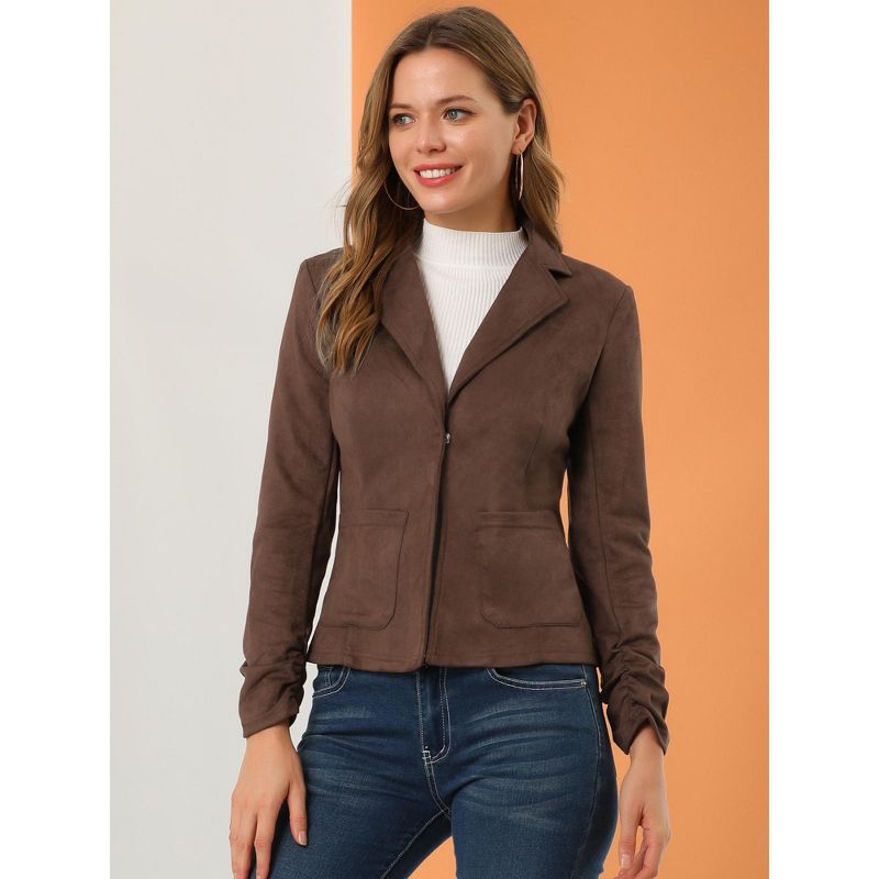 Allegra K Women's Notched Collar Button Ruched Long Sleeve Faux Suede Blazer, 3 of 7