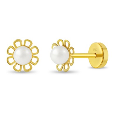 Girls' Freshwater Cultured Pearl Flower Push Back 18k Gold Earrings - In Season Jewelry