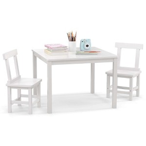 Costway Wooden Kids Table and 2 Chairs Set with Rubber Wood Legs Anti-slip Foot Pads White/Gray - 1 of 4