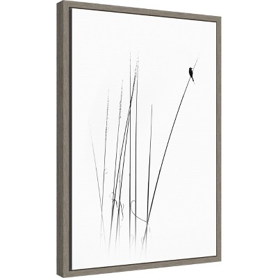 Minimalist Black and White Bird Canvas Print with Gray Frame