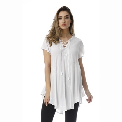 Riviera Sun Lace-Up Casual Tunic Top with Embroidery