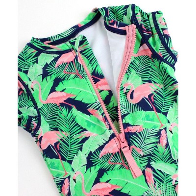 RuffleButts Toddler Girls Short Sleeve UPF50+ One Piece Rash Guard - Flamingo Frenzy, 4T — фото 6