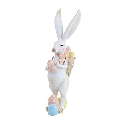 15.5 Inch White Bunny With Basket Tall Figurine Eggs Rustic Figurines