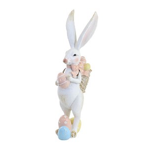 15.5 Inch White Bunny With Basket Tall Figurine Eggs Rustic Figurines - 1 of 3