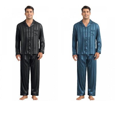 INSPIRE CHIC Men's 2 Pack Satin Pajamas Set Casual Long Sleeve Striped Button Sleepwear