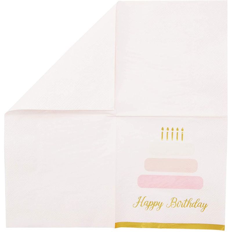 Blue Panda 50 Pack Cake Theme Happy Birthday Napkins with Gold Foil Edges (Pink 5 x 5 In), 2 of 5