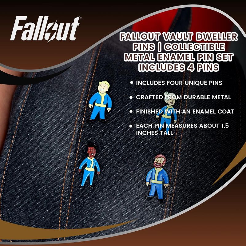 Just Funky Fallout Vault Dweller Pins | Collectible Metal Enamel Pin Set | Includes 4 Pins, 4 of 5