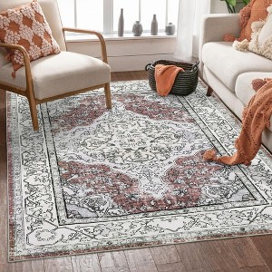 Washable Black Vintage Floral Area Rug ¨C Non-Slip, Thin & Foldable Distressed Traditional Carpet - 1 of 4