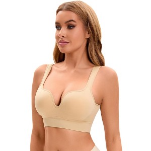 Allegra K Women's Medium Impact Workout Wireless Padded Deep V Neck Fitness Sports Bras - 1 of 4