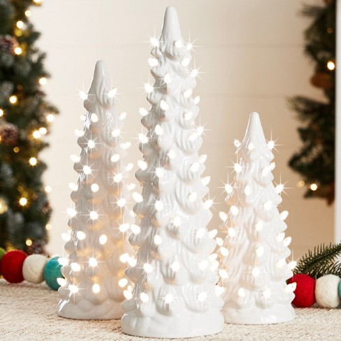Best Choice Products Set of 3 Pre-Lit Hand-Painted Ceramic Tabletop  Christmas Trees w/ Warm White Lights - White