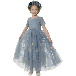 2Bunnies Girls 3-10Y Floral Garden Embroidered Tulle Lace Girl Dress Short Sleeve Maxi - 1 of 4