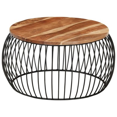 Vintage Round Acacia Wood Coffee Table with Iron Frame